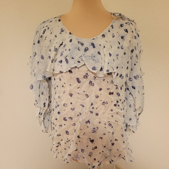 IRO Blue Floral Sheer Blouse with Ruffles - Picture 1 of 4